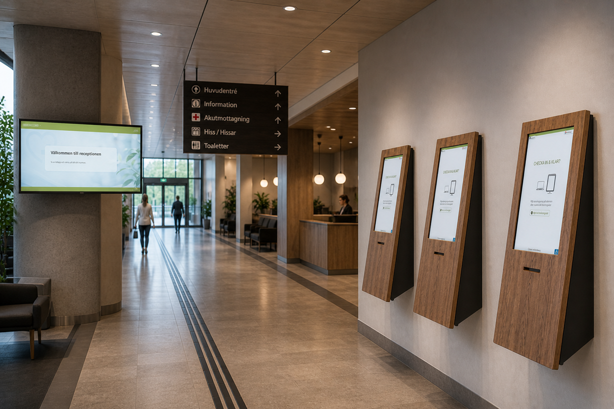 Entré på ett sjukhus med qCrunchers incheckningsterminaler och informationsskärm